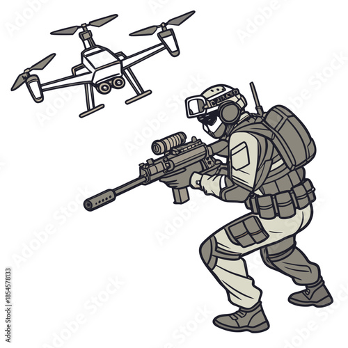 Soldier with drone and rifle military tactical gear