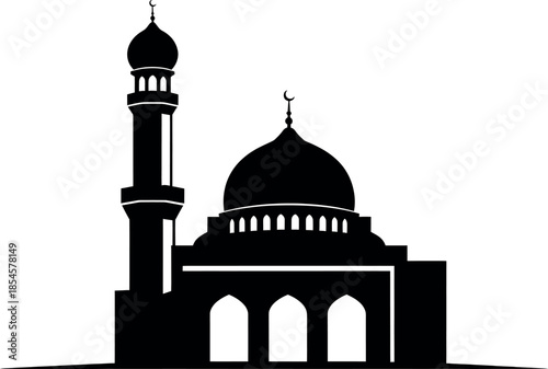 Black silhouette of a mosque with minaret and dome