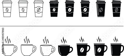 Coffee cup and mug icon collection featuring takeaway paper cups and ceramic steaming mugs in minimalist vector style
