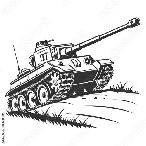 Black and white of a tank on a hill military vehicle 1