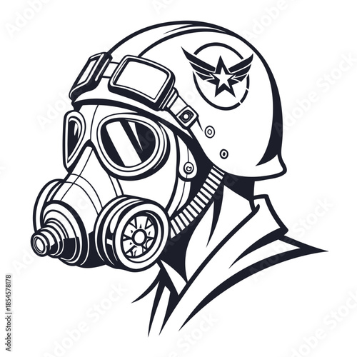 Black and white of pilot wearing gas mask and helmet with air force insignia 1