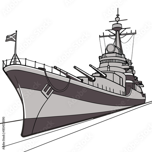 Gray warship with flag on white background battleship
