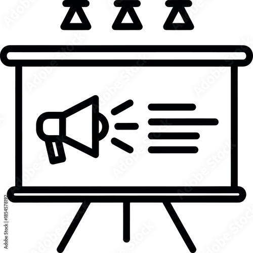 A black and white icon of a megaphone on a presentation screen with three projectors above it on a