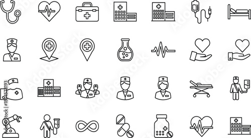 Comprehensive medical outline icon set featuring healthcare symbols like stethoscope hospital building nurse heart rate and emergency equipment