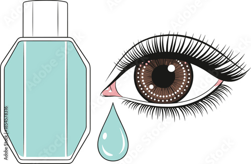 Eye care medical vector illustration featuring contact lens solution bottle with brown eye and sterile liquid drop element