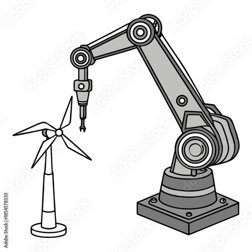 Robot installing mini wind turbine on white background 3