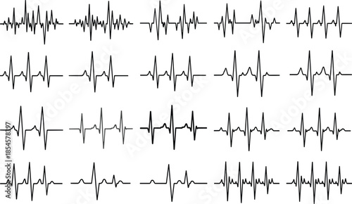 Heartbeat ECG Waveform Line Vector Set Showing Cardiology Pulse Signals for Medical, Health and Monitoring Design