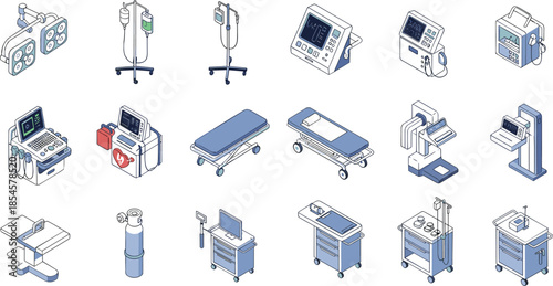 Isometric Medical Equipment Vector Set with Hospital Devices, Patient Beds, Monitors, Imaging Machines and Healthcare Technology