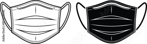 Medical Face Mask Vector Icon Set Showing Black and White Protective Surgical Masks in Flat Line Style