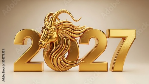 Elegant golden 2027 text featuring a majestic goat's head, symbolizing the Chinese New Year of the Goat/Ram. Perfect for festive greetings and zodiac themes.