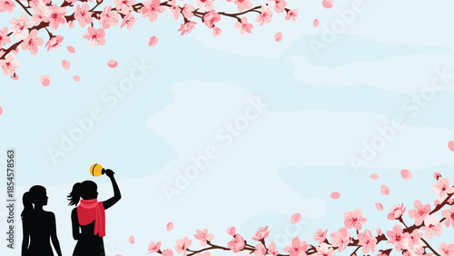 Silhouettes of two girls standing under a canopy of blooming cherry blossoms against a soft light blue spring sky.