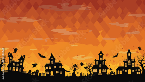 Spooky Halloween landscape silhouette features haunted houses bats ghosts and cemeteries against a vibrant orange sunset sky.