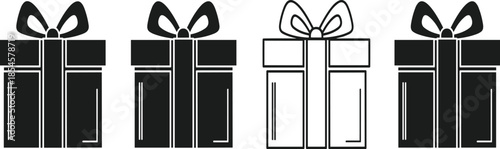 Minimalist black and white gift box icon set featuring three solid silhouettes and one linear outline style vector