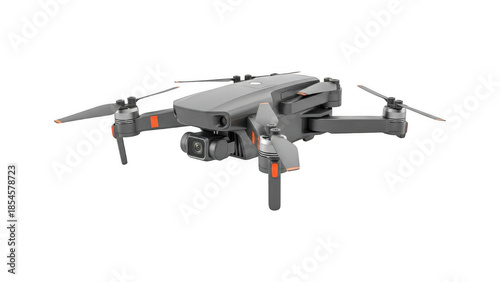 Gray drone with orange accents and propellers flying isolated on transparent background