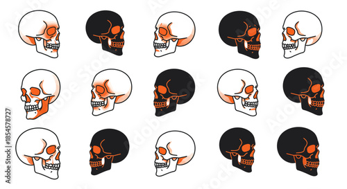 Set of stylized skull illustrations with a fiery orange glow, presented in a grid format on a white background, evoking a sense of danger and intensity