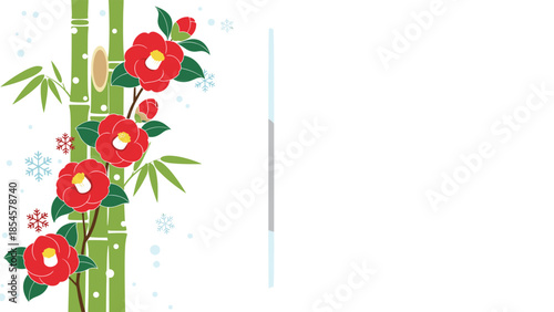 Traditional Japanese winter scene combines red camellia flowers with green bamboo stalks and delicate falling snowflakes.