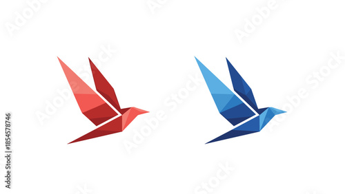 Minimalist logo design featuring two birds in flight crafted in a geometric origami style with red and blue gradients.