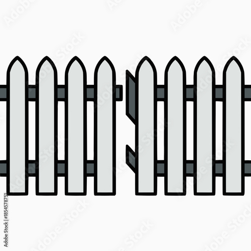 Broken white picket fence with open gate on plain background