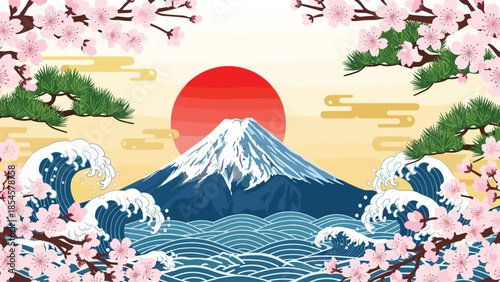 Artistic Japanese style landscape features Mount Fuji with powerful ocean waves pine trees and blooming cherry blossoms.