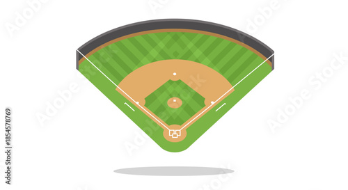 Vibrant aerial view illustration of a classic baseball field diagram, showcasing the diamond, bases, and outfield, perfect for sports design and game-related content