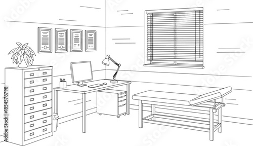 Medical examination room line art illustration featuring a doctors desk computer monitor filing cabinet and patient treatment bed