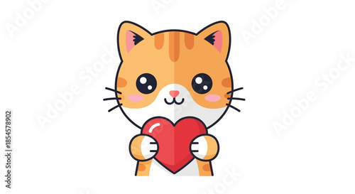 Adorable cartoon orange cat with big, innocent eyes lovingly holding a bright red heart, a sweet illustration conveying warmth, affection, and kindness