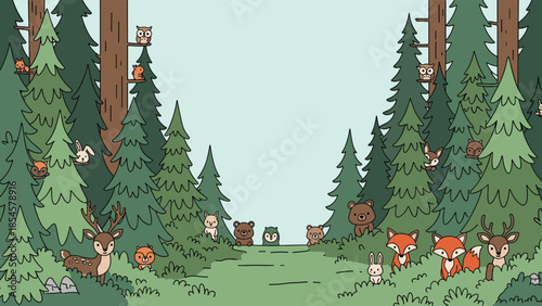 Whimsical forest illustration features a variety of cute woodland animals peering out from behind green pine trees.