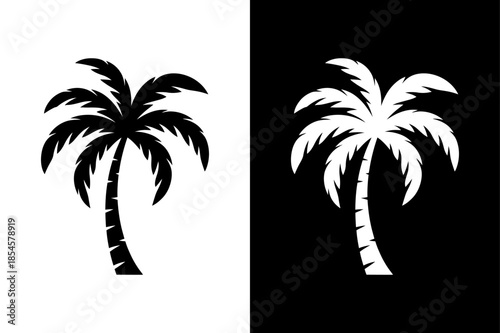 Tropical Coconut Palm Tree Silhouette Icon Vector Black White Background