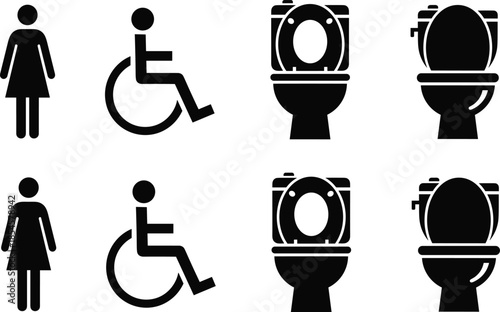 Public Restroom Icons Vector Set with Male Female Symbols, Wheelchair Accessibility and Toilet Sign Pictograms