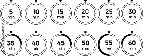 Professional black and white timer icon set showing time intervals from five to sixty minutes for productivity tracking
