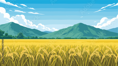 Peaceful rural landscape showcases a vast golden rice field ready for harvest under a bright blue sky and mountains.