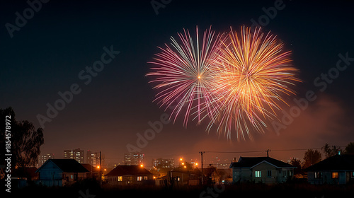 Big fireworks colorful over the city at night , christmas and new year celebration image.
