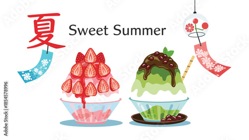 Refreshing summer treats illustration features bowls of strawberry and matcha shaved ice along with a glass wind chime.