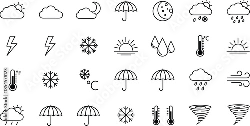 Weather icon set featuring minimalist outline symbols for sun clouds rain lightning snow temperature and various atmospheric forecast conditions