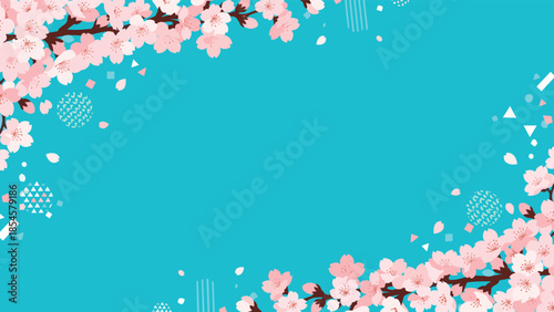 Vibrant spring frame features blooming pink cherry blossom branches against a bright turquoise background with abstract shapes.