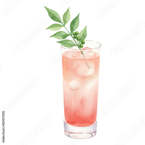 Kyoto Grapefruit Collins Watercolor Cocktail Illustration
