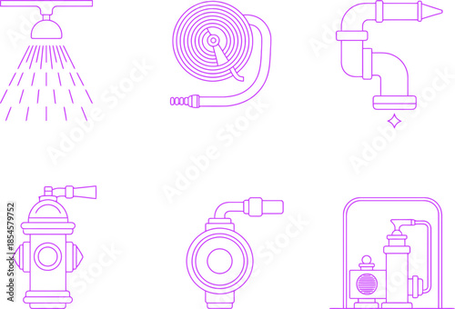 Plumbing and firefighting icons set in purple line style architectural drawings CAD