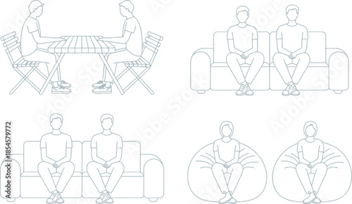 People sitting in various social settings and furniture architectural drawings CAD