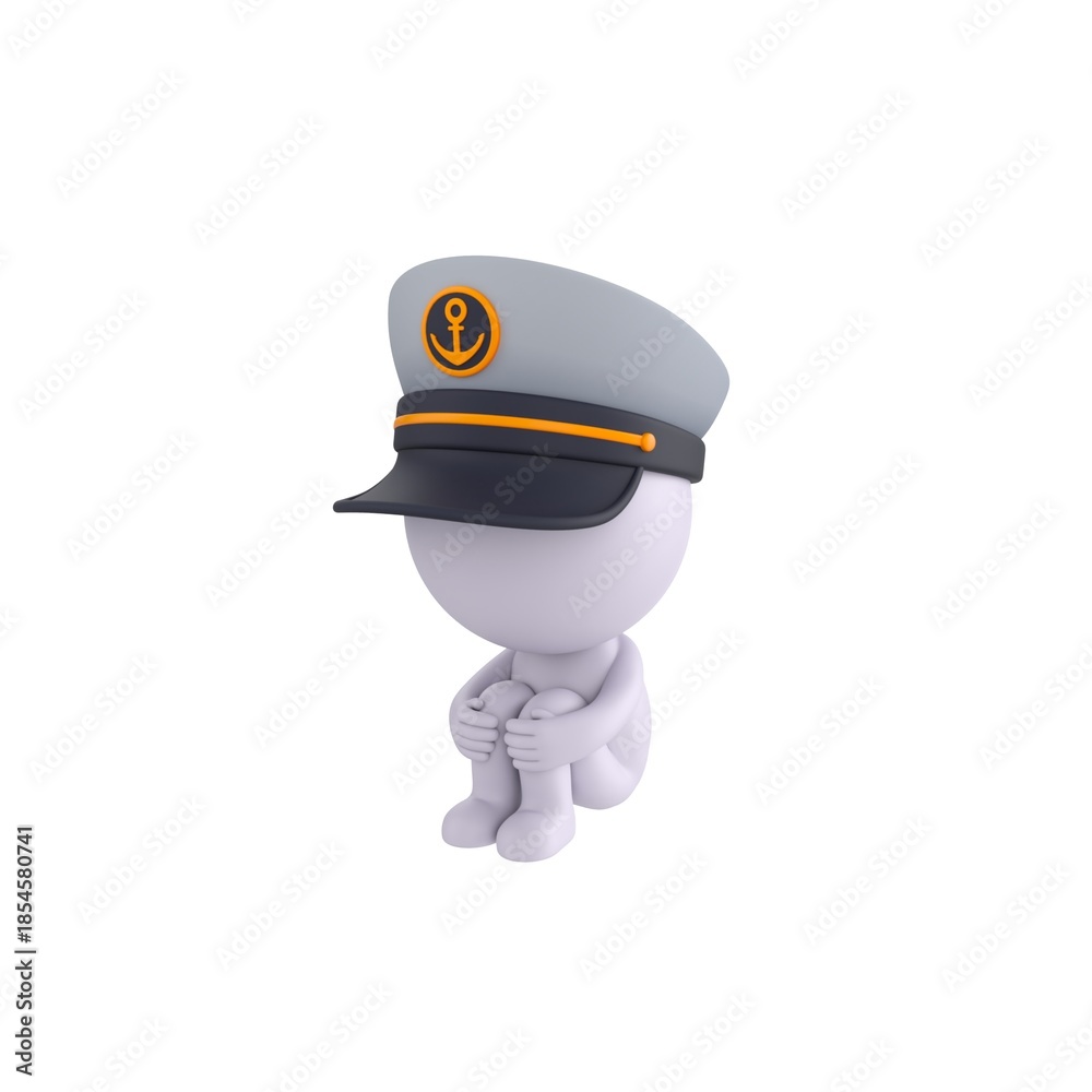 Fototapeta premium Cute 3D render Little Stick Man with Captain Cap character sitting on the floor hugging knees. Isolated on a clean white background.