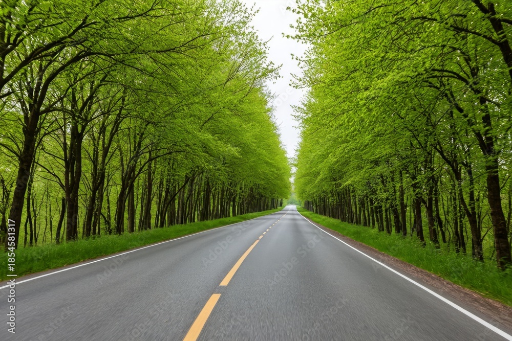 Obraz premium Idyllische Straße umgeben von grünen Bäumen im Frühling