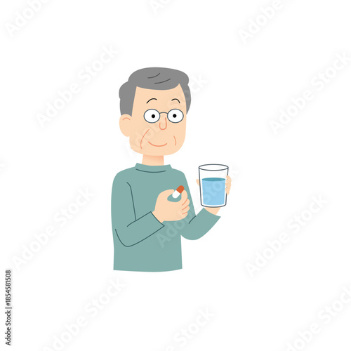 薬を飲むシニア男性のイラスト