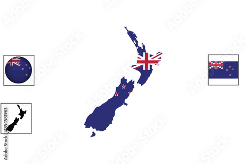 New Zealand map with flags national symbols and silhouet