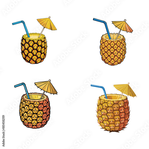 Tropical Pineapple Cocktail in Hollowed Fruit with Drinking Straw and Parasol Umbrella Cartoon Style Vector