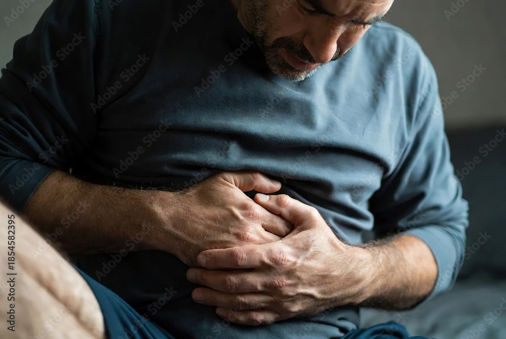 Fototapeta premium Man in dark shirt holds abdomen in pain, looking down with