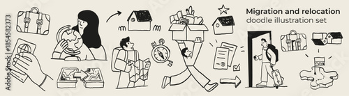 Migration and relocation doodle icon set showing moving abroad, new home, travel planning, luggage, documents and life transition. Minimal black line art for editorial, web and awareness design.