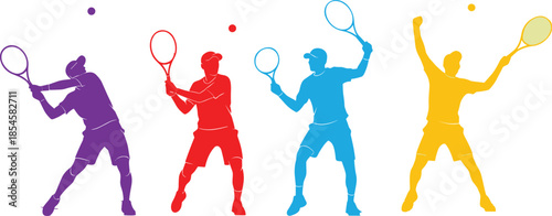 Colorful tennis player silhouettes hitting forehand and backhand shots, dynamic sports action illustration isolated on white background