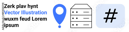 Blue location pin, data server stack, and metadata tag icon communicate themes thumbs up location, data storage, social media, and connectivity. Ideal for tech, marketing, analytics apps