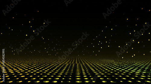 Digital abstract scene featuring glowing dots and a grid pattern against a dark background.
