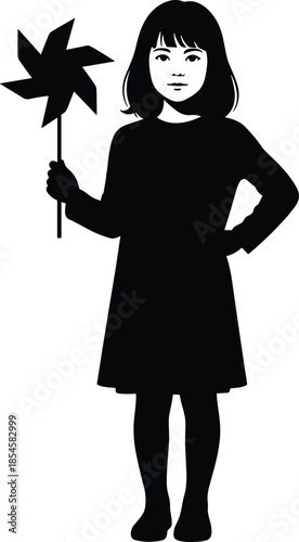 Silhouette of little girl holding pinwheel toy, playful childhood innocence concept, cute kid illustration isolated on white background