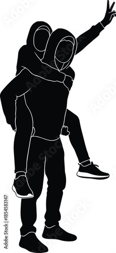 Playful silhouette of friends piggyback riding, joyful youth friendship, fun lifestyle moment, victory gesture isolated on white background